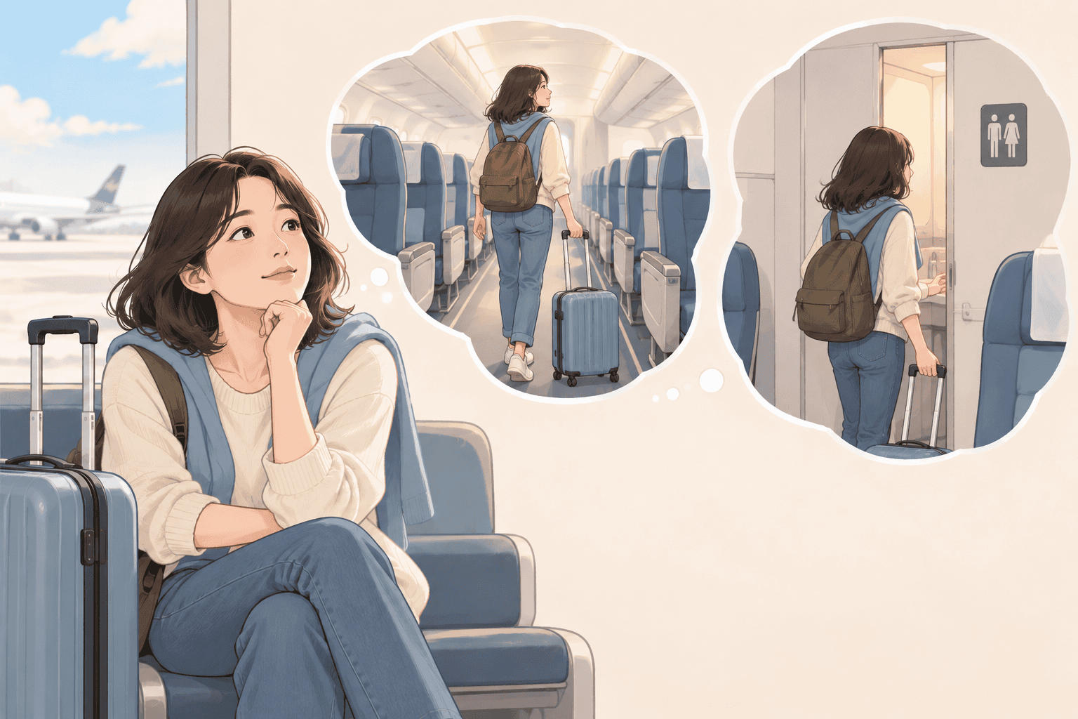 통로 접근과 화장실 주변 통행을 살펴보는 여행자 생활 일러스트