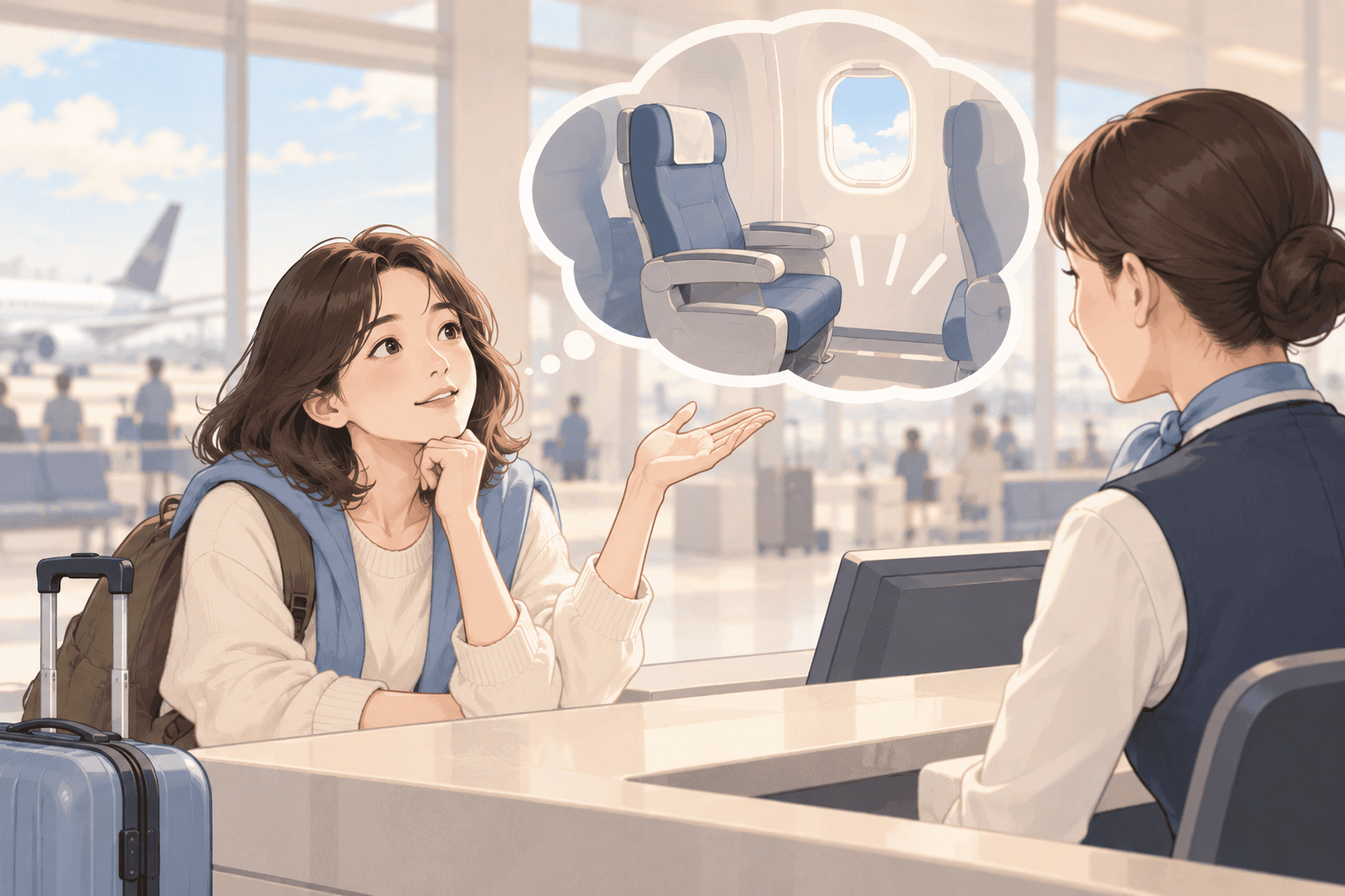 항공사 직원에게 추가 공간과 비상구석 이용 조건을 문의하는 생활 일러스트