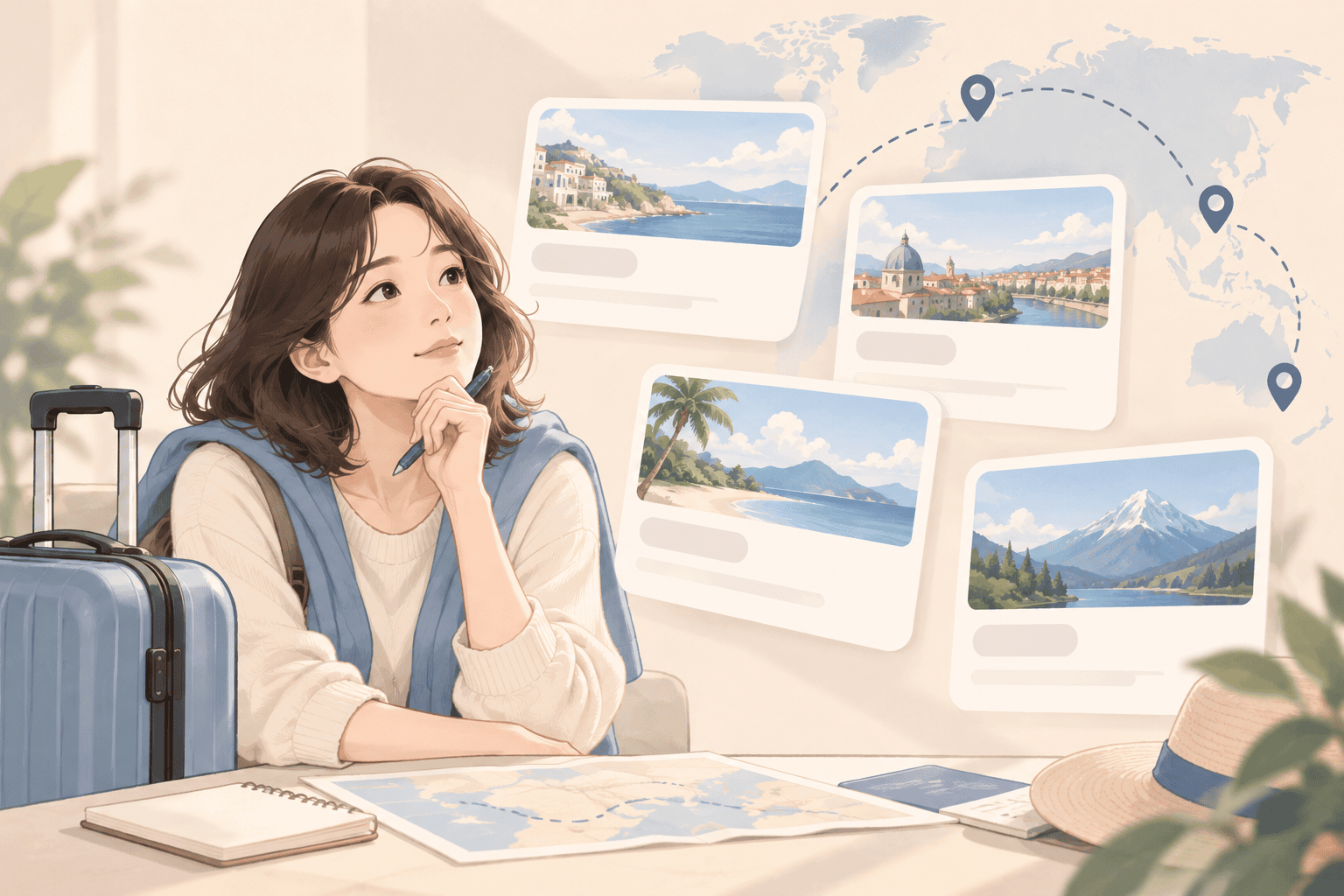 필요한 좌석 조건과 추가 비용을 비교하는 여행자 생활 일러스트