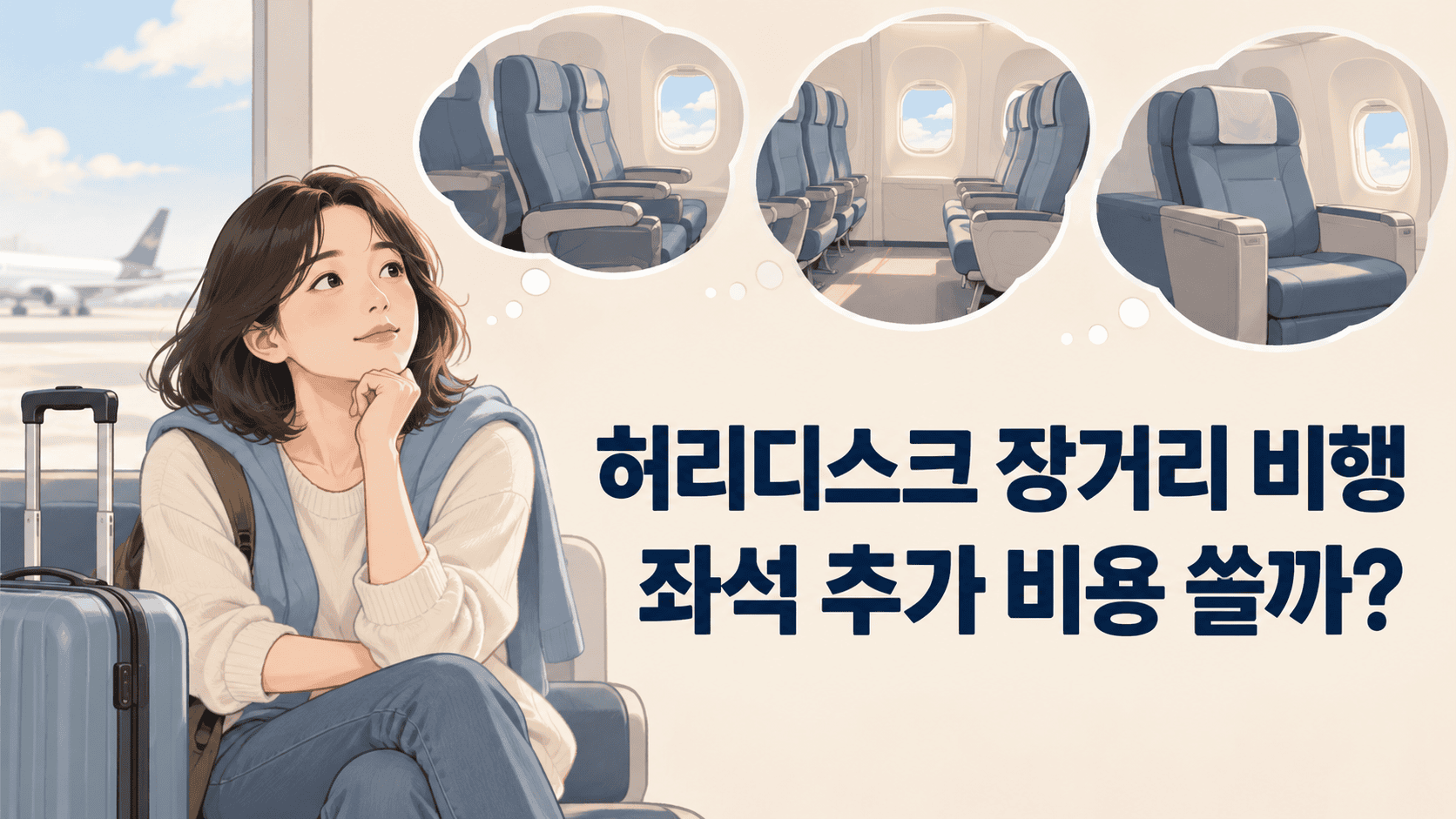 허리디스크 장거리 비행 좌석의 추가 비용을 비교하는 생활 일러스트