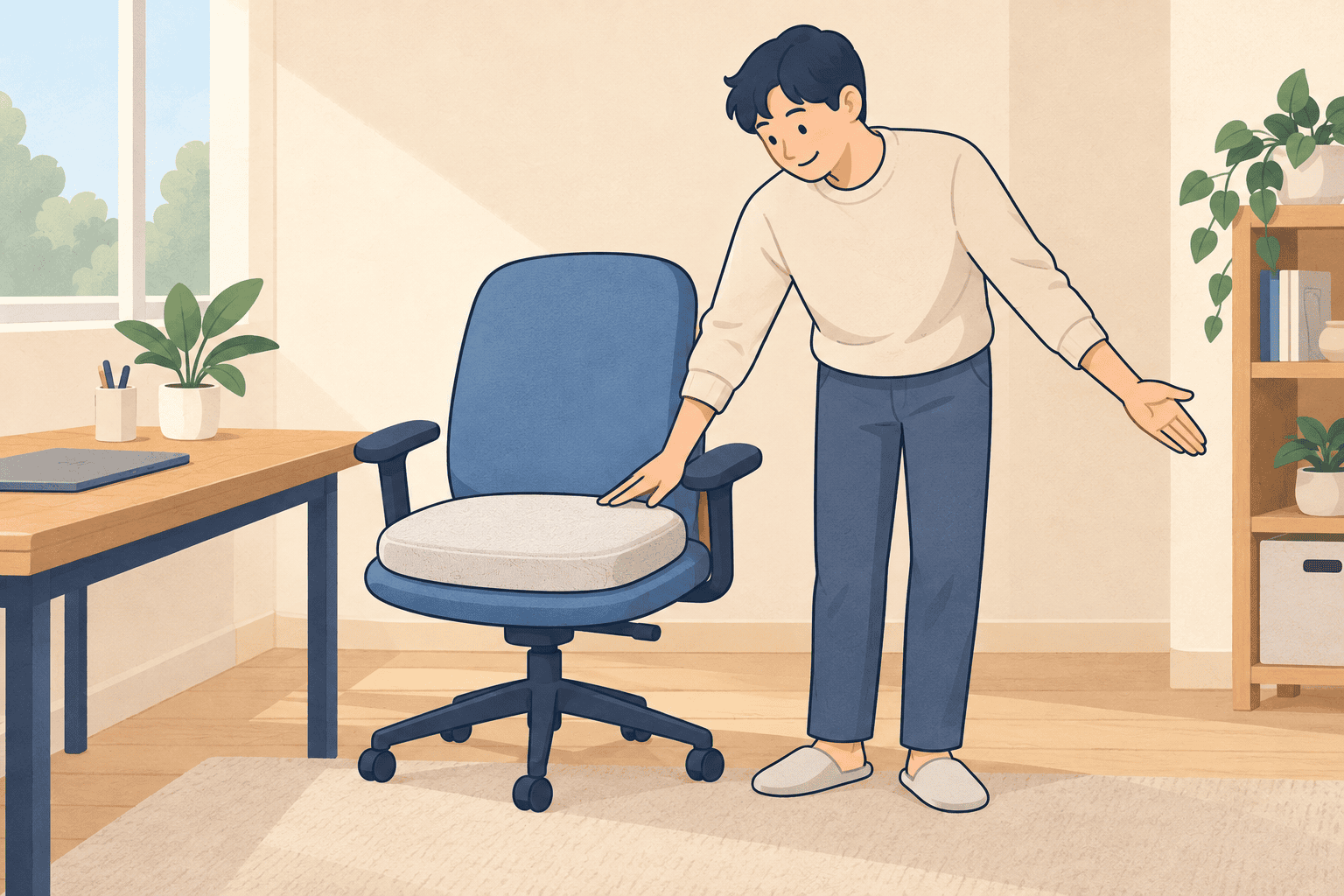 사무실 의자와 놓을 공간을 살피는 생활 일러스트