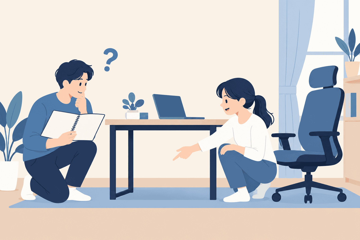 치수 메모를 보며 의자를 선택하는 일러스트