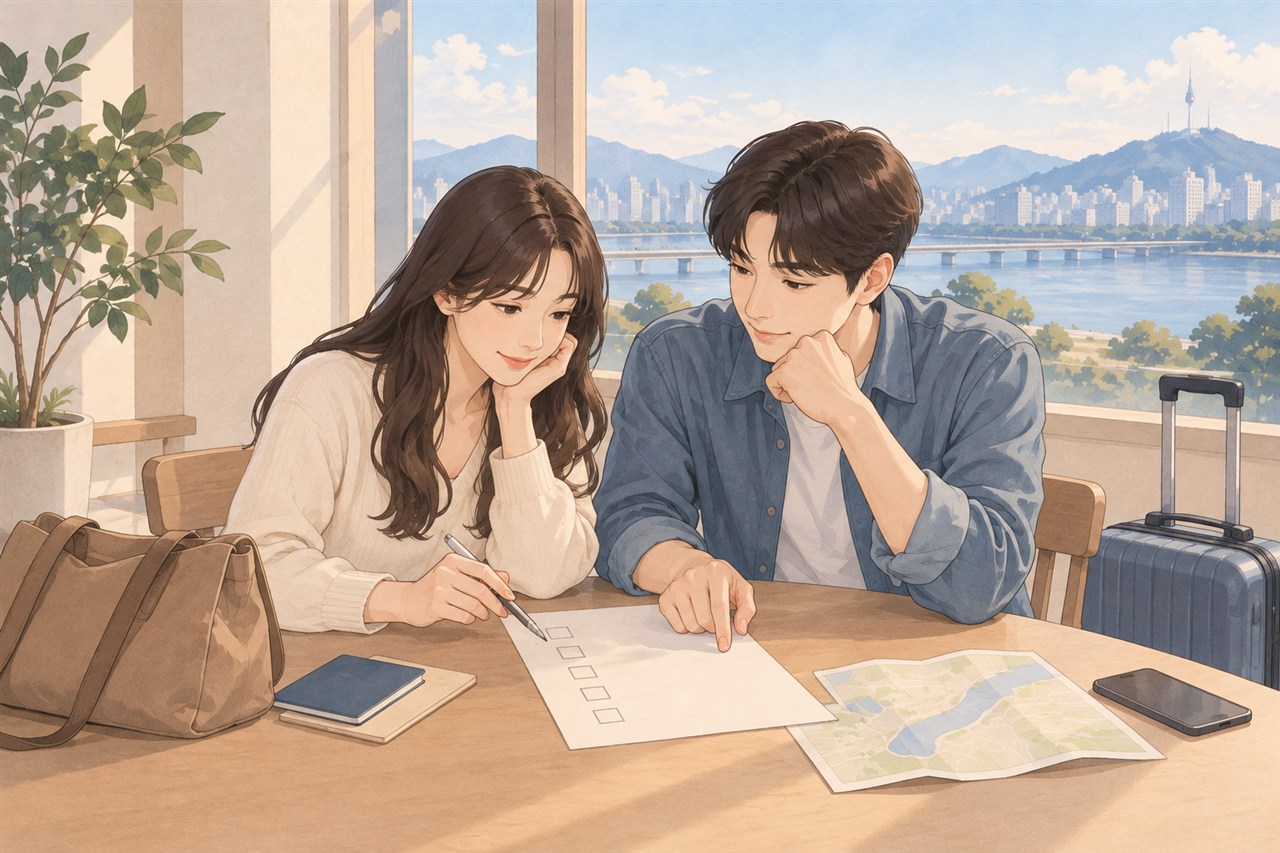 작은 여행 가방 옆에서 동행자와 글자 없는 체크리스트를 확인하는 사람