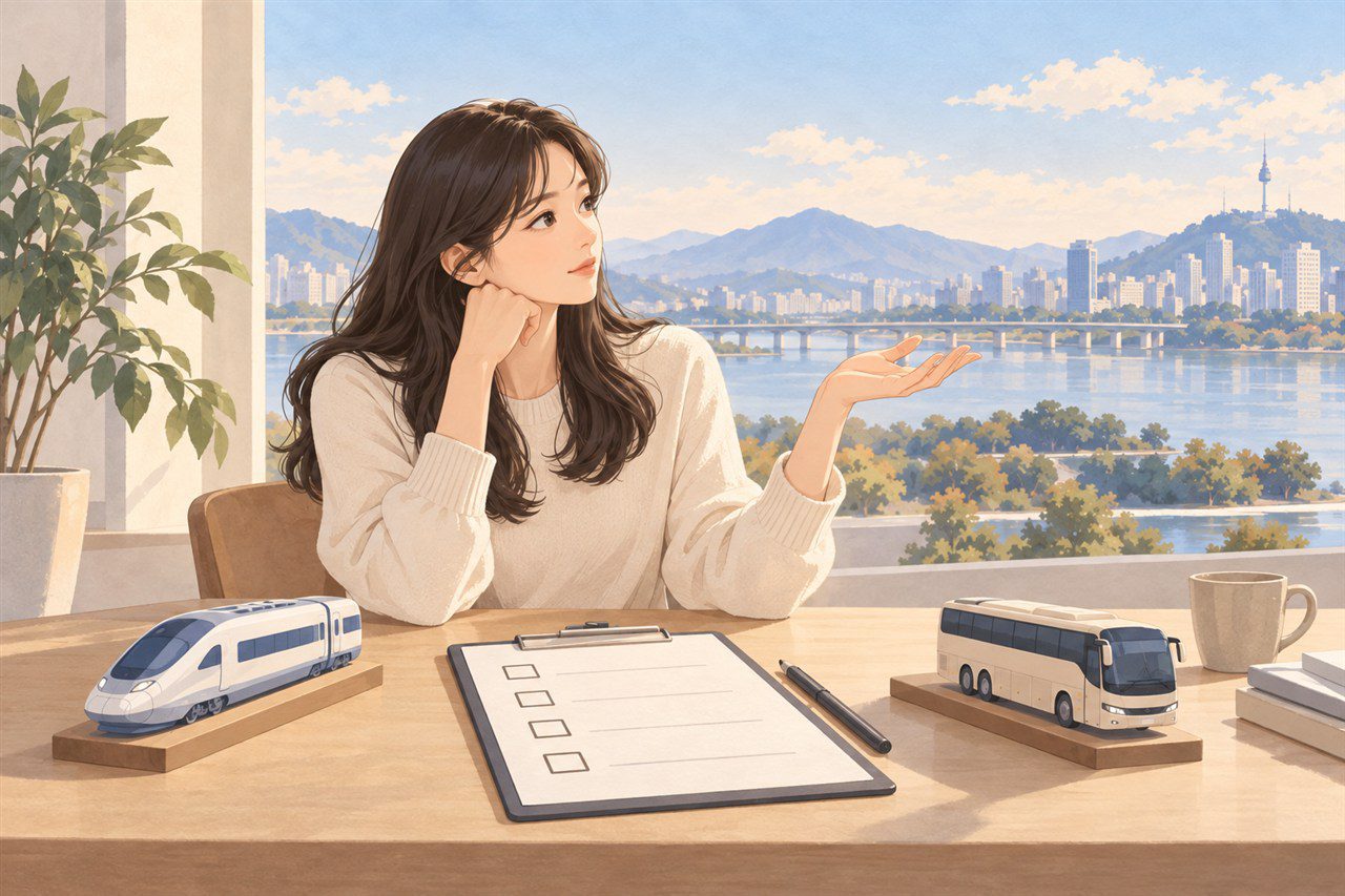 궁금한 표정으로 손을 든 사람이 글자 없는 예약 체크리스트를 함께 살펴보는 모습