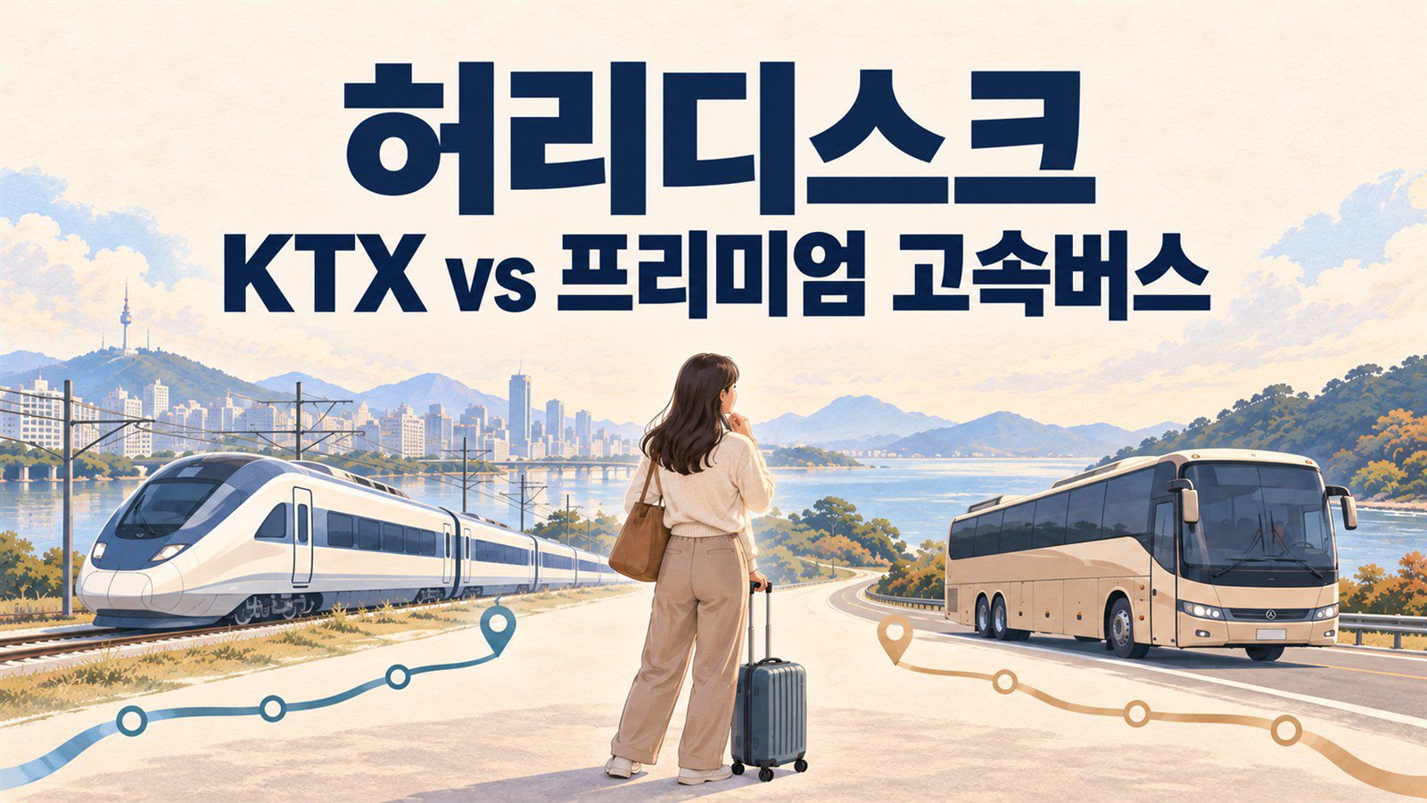 허리디스크, KTX vs 프리미엄 고속버스 문구와 열차·고속버스를 비교하는 여행자 일러스트가 담긴 썸네일