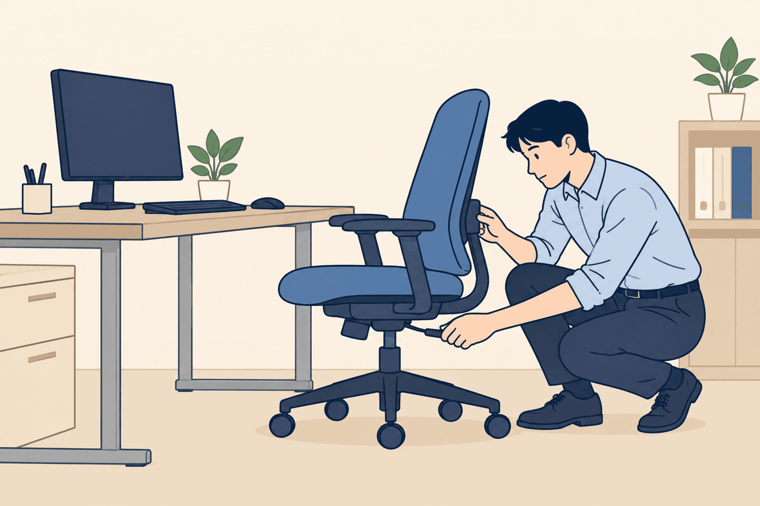 고정형 책상 옆에서 사무용 의자의 조절 장치를 확인하는 직장인