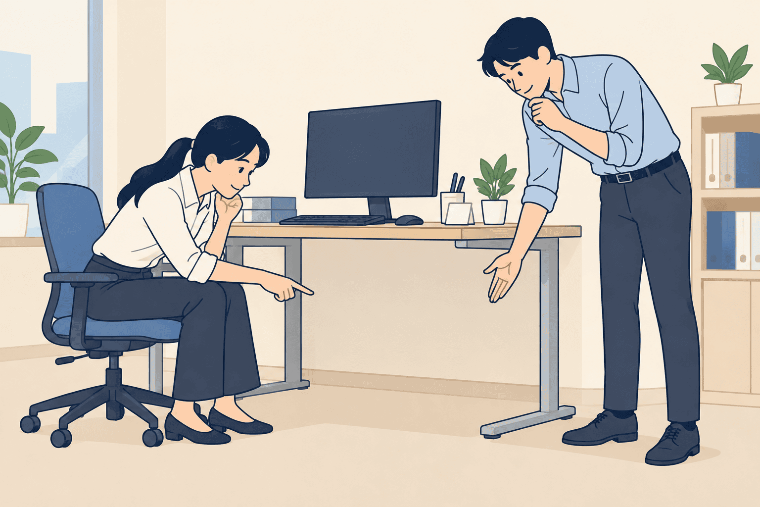 책상 아래 공간과 비품 조정 조건을 함께 확인하는 동료들