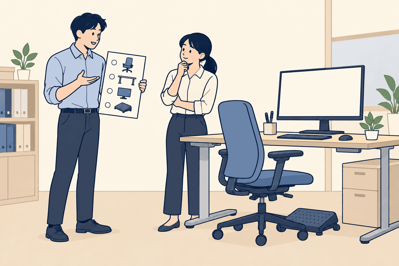 빈 체크리스트를 보며 책상 배치에 관해 질문하는 직장인